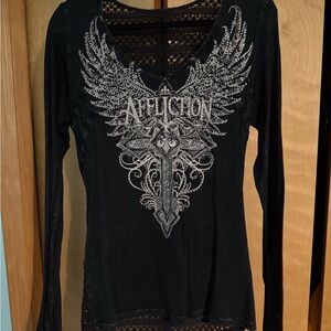 Affliction Black and Silver Winged Long Sleeve Tee